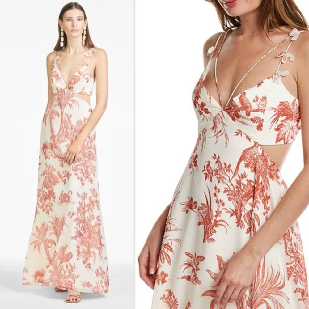 Sachin & Babi Womens Size 12 Hallie Red White Floral Toile Print Long Maxi Dress